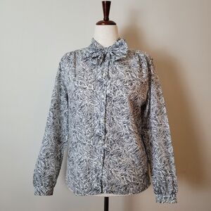 Vintage Cape Cod Match Mates Blouse Women's 14 Black White Leaf Pussybow Bow 80s